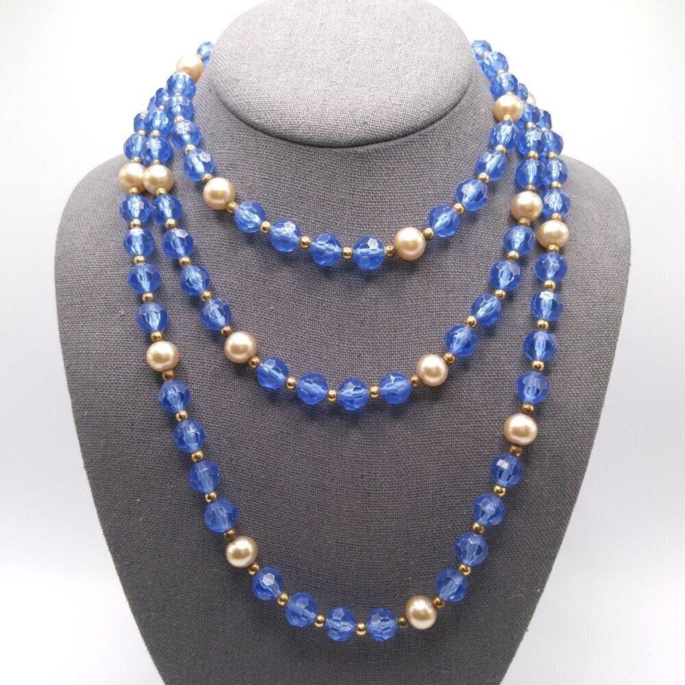 Vintage Lucite Blue Faceted Bead Necklace, Glass Pearl Accents, 1940s, 54 Inches